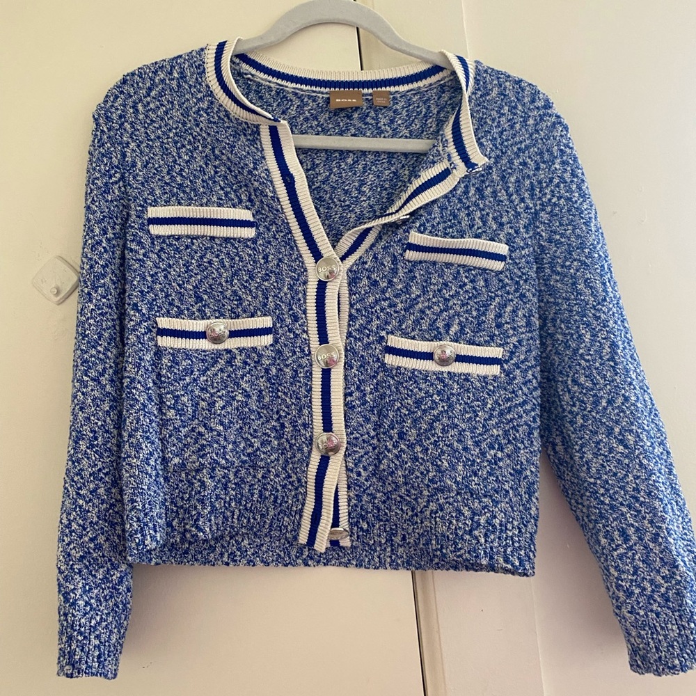 HUGO BOSS BLUE BUTTONED CARDIGAN IN TWO-TONE BOUCLÉ, Extra Small
